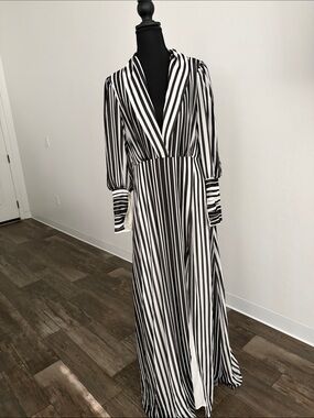 Fashion Nova Black & White Striped Maxi Wrap Dress